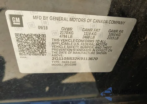 2019 Chevrolet Impala Premier z USA, uszkodzony, nr VIN 2G1105S32K9113670